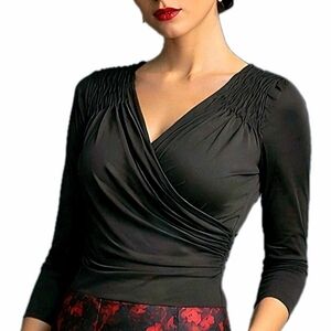 Tesori Black Surplice Top Silk Wool Blend Ruched Waist Nordstrom L